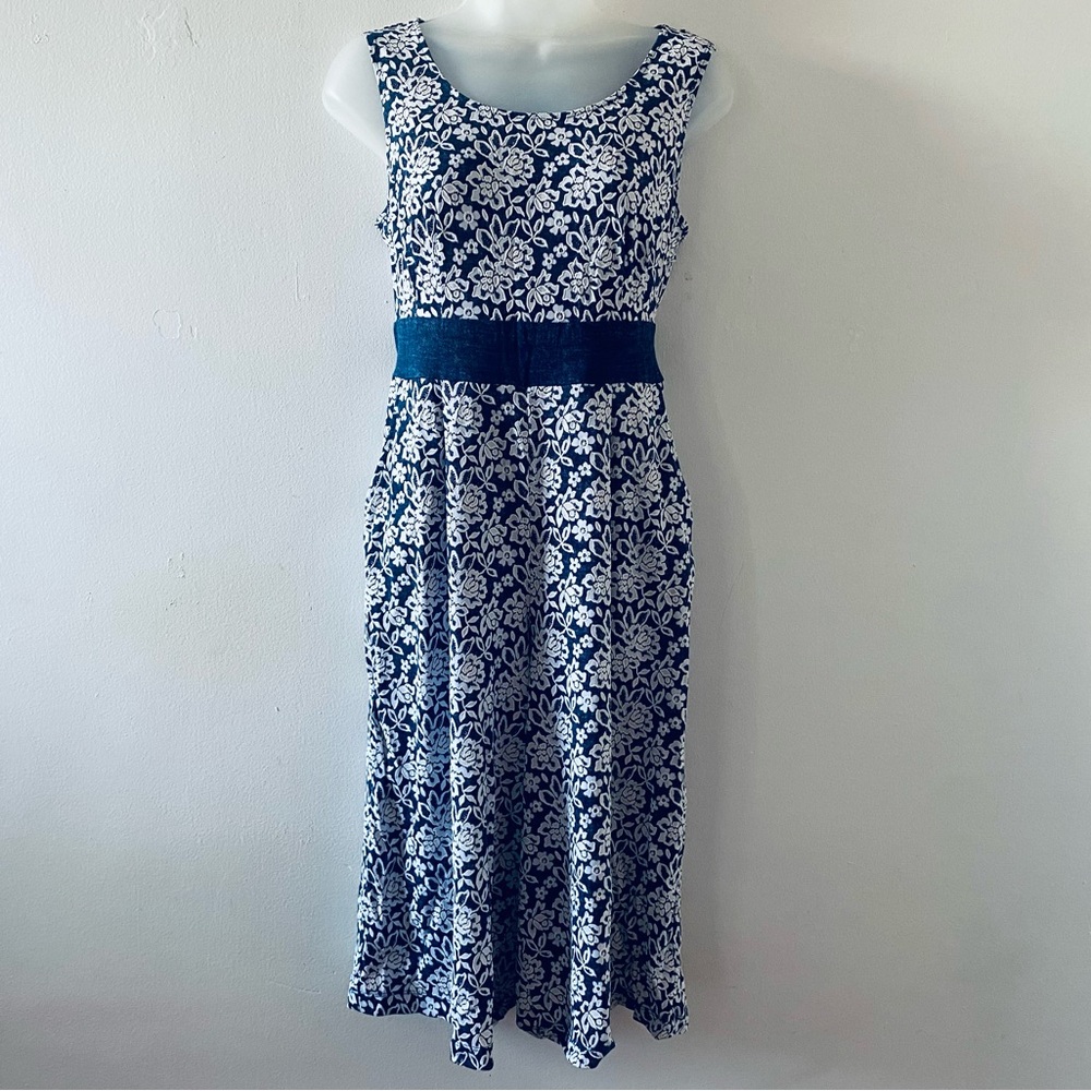 VINTAGE FLORAL SLEEVELESS FAUX BLUE DENIM GAUCHO PANT JUMPSUIT